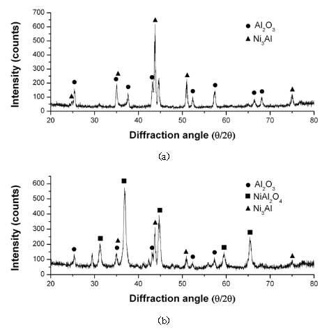 1100℃, 대기환경에서 pre oxidation 처리된 시편의 thin film XRD 결과 (a) 600℃, 24h, (b) 800℃, 24h