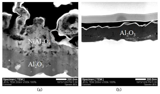 900℃ 대기환경에서 1000시간 산화된 표면개질 시편의 단면 STEM image (a) 1000℃, (b) 1150℃