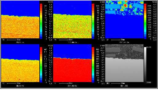 EPMA mapping 결과. 기저와 미세합금화 영역을 보여줌