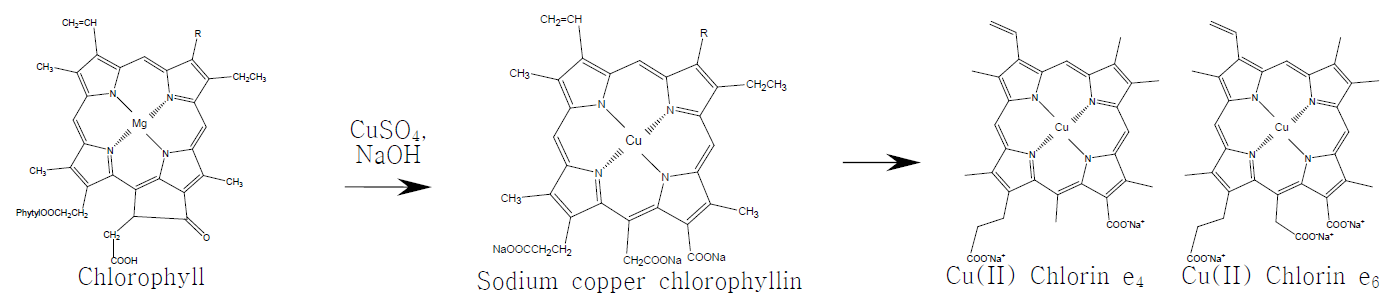 Structure of chlorophyll and sodium copper chlorophyllin : R-CH3(a series) R-CHO(b series)