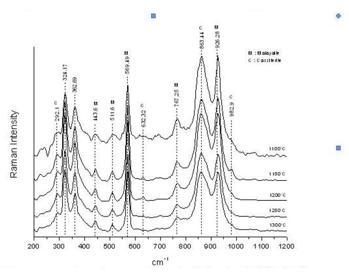 Raman spectra of samples fired at 1100, 1150, 1200, 1250, 1300℃/2h.