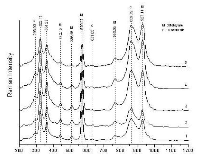 Raman spectra of composition 1~5 fired at 1250 ℃/2h.