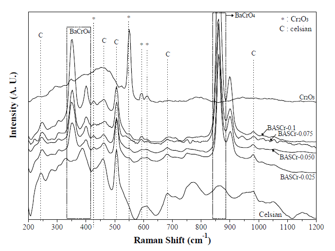 Raman spectroscopy analysis of samples BA S-Cr fired at 1200℃/1h.