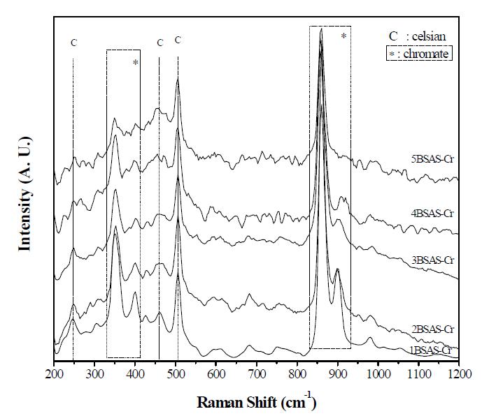 Raman spectroscopy analysis of samples BSA S-Cr fired at 1200℃/1h.