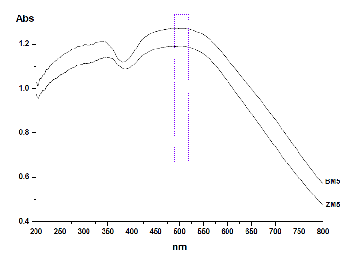 UV-Vis. spectra of glazed with samples (M 5) fired at 1260℃:(ZM ) Lime Zinc Glaze, (BM ) Lime Barium Glaze (oxidation firing).