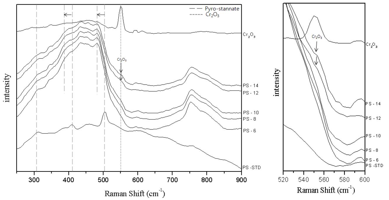 Raman spectroscopy analysis of the synthesized pigments.