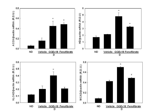 The mRNA expression of PPARα target genes responsible for fatty acid β-oxidation by GGEx in C2C12 skeletal muscle cells.