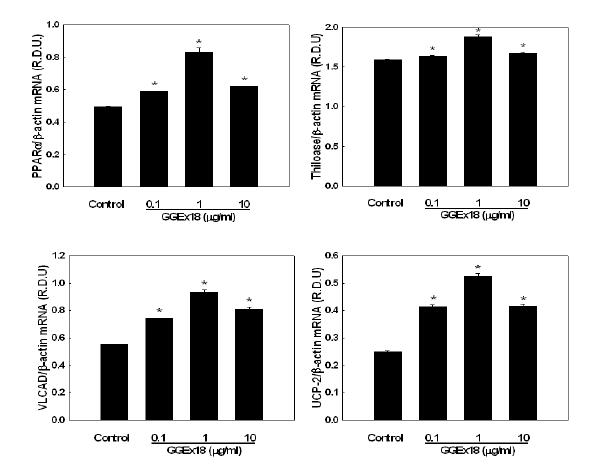 Effects of GGEx18 on PPARa and its target gene mRNA levels in NMu2Li liver cells.