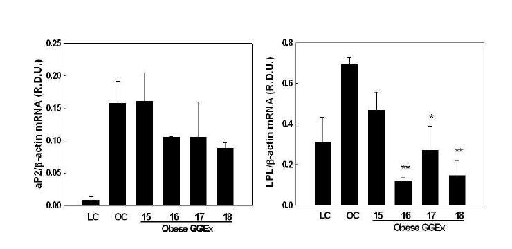 Modulation of PPARγ target gene expression by GGEx in epididymal adipose tissue of ob/ob mice.