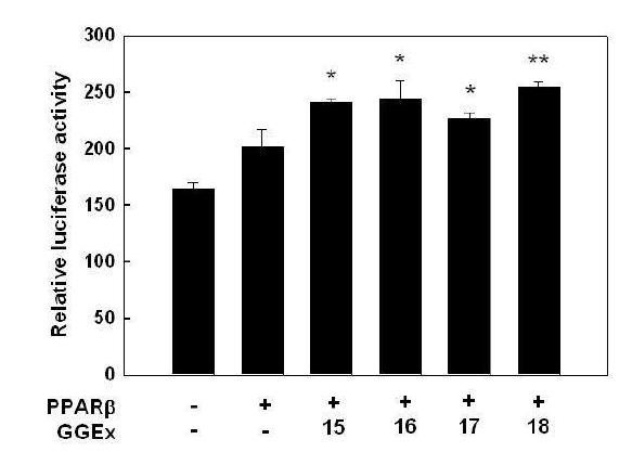 Regulation of PPARβ reporter gene expression by GGEx in C2C12 muscle cells. * p<0.05 significantly different from PPARβ-only.