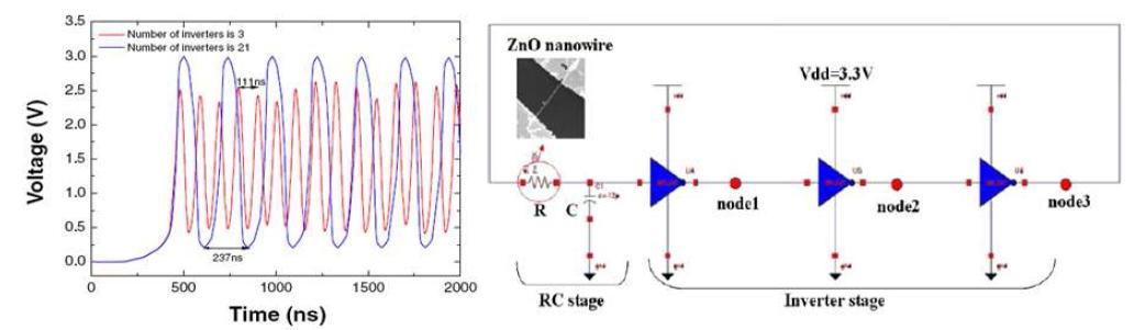 Ring oscillator 회로 설계(좌) 및 inverter 개수에 따른 전산모사 결과(우)