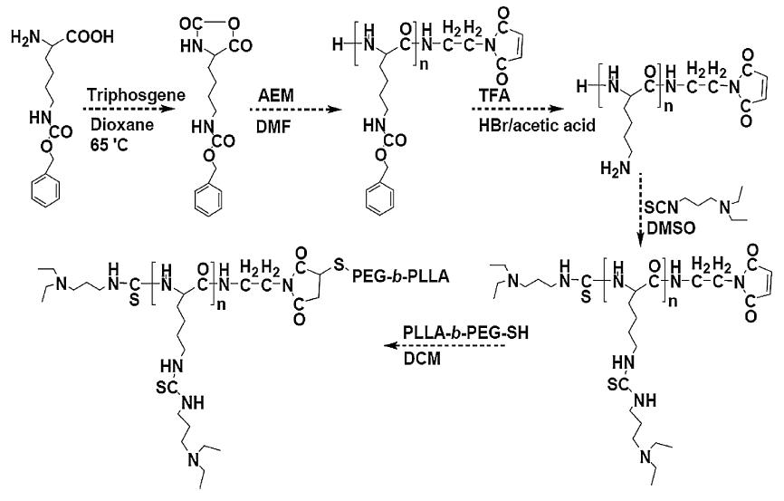 본 연구에 사용된 소수성 (양친화성) 고분자중합체인 poly(DEAP-Lys)-b-PLLA의 합성방법의 개요