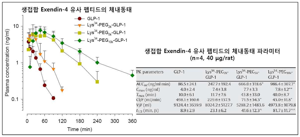 생접합 Exendin-4 유사펩티드의 체내동태 및 Pharmacokinetic parameters