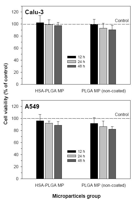 다공성 PLGA 마이크로스피어의 Calu-3 및 A549 폐세포에서의 세포독성 조사