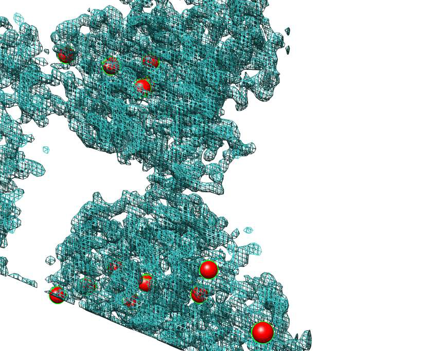 Position of Se atom and its electron density map. Red balls blue networks indicate Se atom and electron density, respectively