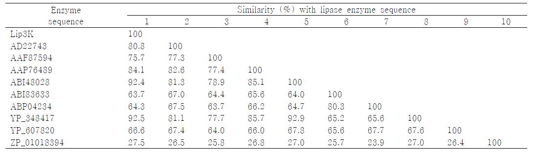 Lip3K 단백질과 다른 lipase와의 유사도