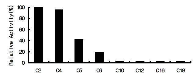 Chain length selectivity of Est2R. Activity measurements were performed using p-nitrophenyl esters with different chain lengths in Tris-HCl buffer (3 mM p-nitrophenyl ester, 5 mM CaCl2 and 20 mM Tris-HCl, pH 10). The data presented were based on comparisons to maximum activity (100%).