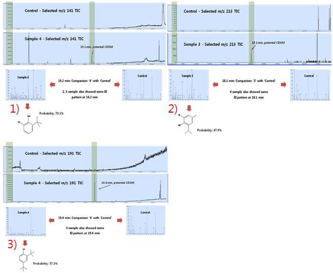 GC/MS Library를 이용한 스크리닝을 통해 나타난 저분자 CDOM의 3가지의 잠재적인 분자 구조