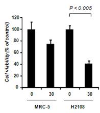 AIF 30μM 처리에서 비교해 보았을 때 NCI-H2108 세포에 대해 MRC-5 세포보다 2배 정도 되는 세포 독성을 보임