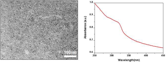 단 분자 선구물질 열분해법에 의해 합성된 ZnS 나노입자 TEM사진과 UV-vis