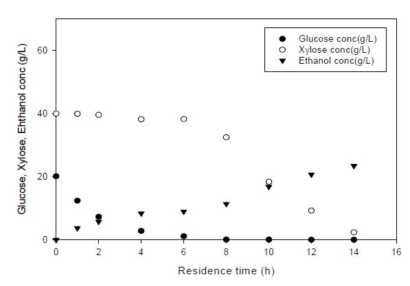 Glucose 20 g/L + Xylose 40 g/L mixture와 P .stipitis(0.003 g)을 immobilized cell channel reactor를 사용하며 발효시킨 결과