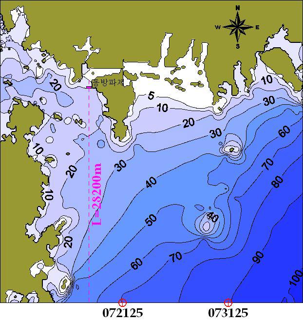 부산신항 동방파제 주위 수심도