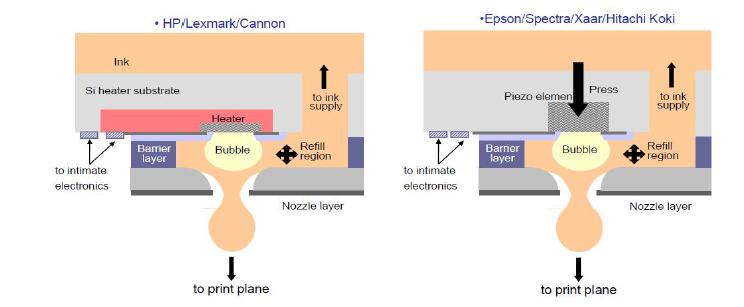 가열(Bubble)방식과 압전(Piezo-electronic)방식 프린터.