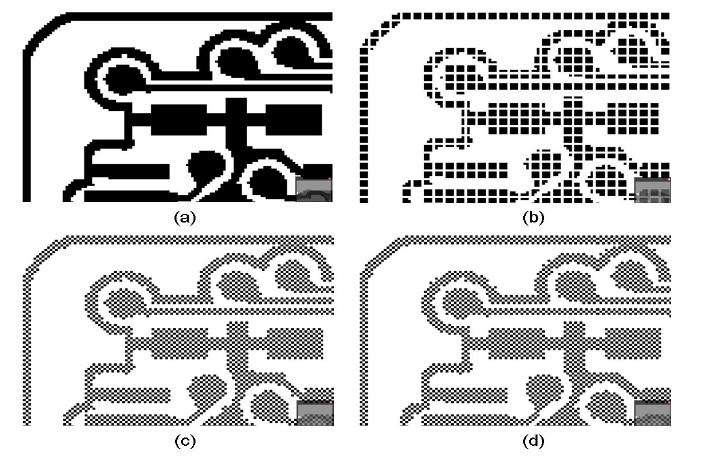 거버 데이터를 다양한 알고리즘을 사용하여 비트맵데이터로 맵핑한 경우 (a: solid type, b-d: interlacing type).