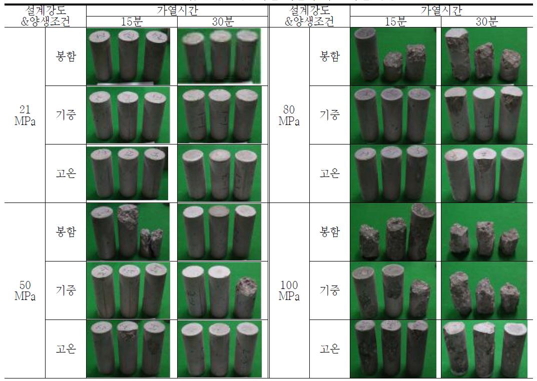 압축 강도 및 가열 시간에 따른 폭렬 성상