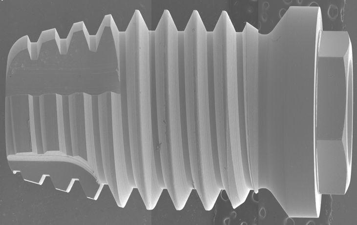 FE-SEM image of external hexed type fixture made from Ti-6Al-4V alloy.