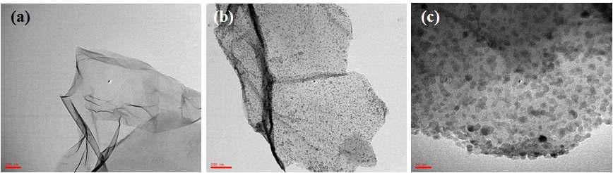 TiO2-graphene oxide TEM 이미지 (a) graphene oxide, (b),(c)Graphene-TiO2