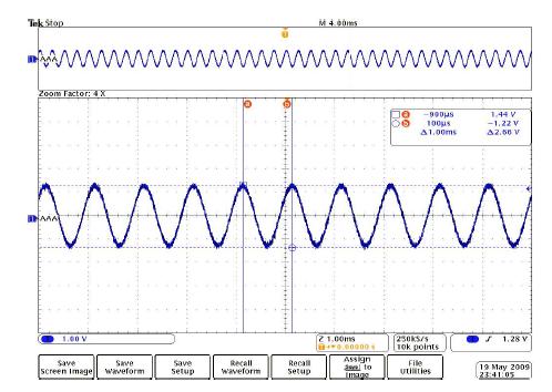 1 KHz 90 dB 순음 출력 파형.