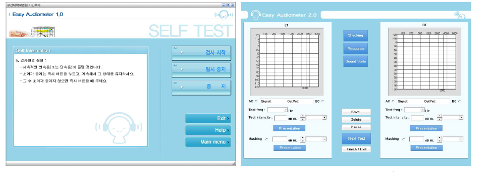 Self Test 모드 화면(좌) 및 Manual Test 모드 화면(우).