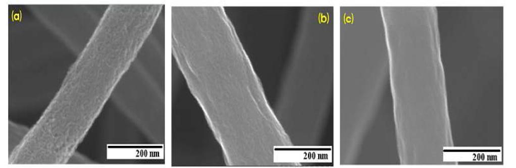 탄소나노섬유의 고배율 주사전자현미경 (SEM) 사진 (a) 1000, (b) 900, (c) 800 ℃ 탄화