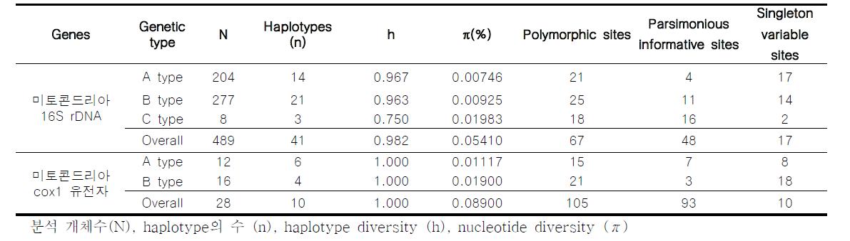 갯강구의 미토콘드리아 16S DNA와 cox1 유전자의 nucleotide diversity