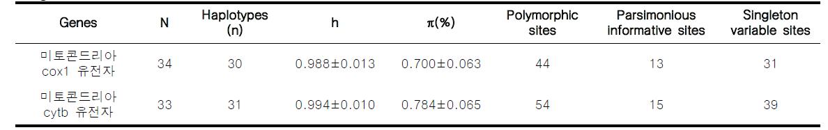 좁쌀무늬총알고둥의 미토콘드리아 cox1 유전자와 cytb의 분석 개체수(N), haplotype의 수(n), haplotype diversity (h), nucleotide diversity (π), polymorphic site, parsimonious informative sites, singleton variable sites