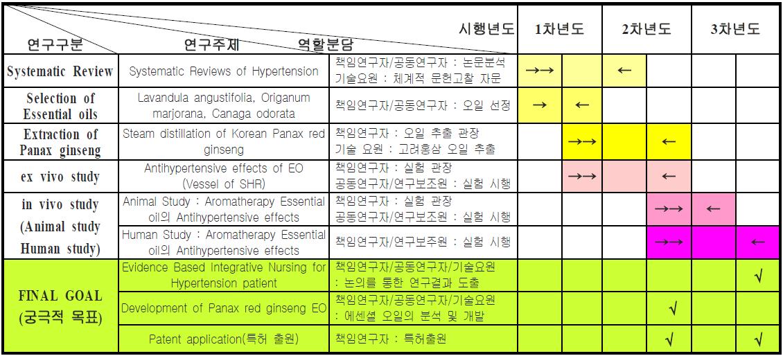 연도별 수행 목표 및 책임, 공동연구자 및 기술요원, 연구보조원 역할분담