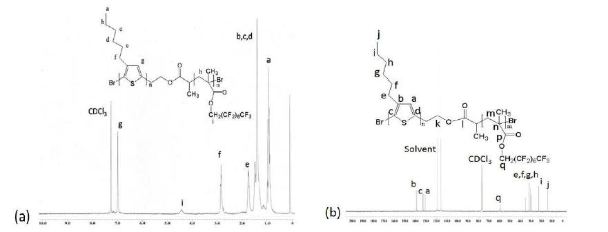 (a) 1H NMR and (b) 13C NMR spectra of the P3HT-b-PFOMA copolymer.