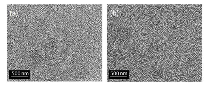 TEM images of the self-assembled structure of P3HT-b-PFOMA copolymeric thin films (a) as cast thin film, and (b) after thermal annealing at 150 ℃ temperature for 5 h.