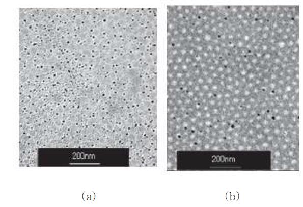 TEM images showing the formation of (a) block copolymeric micellar thin film/Ag nanoparticles at ambient temperature (b) after annealing in scCO2 at 70 ˚C and 15 Mpa for 24 h