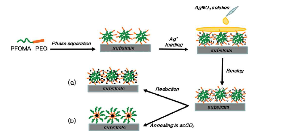 The formation of Ag nanoparticles in block copolymeric thin films at ambient temperature (a) and after annealing in scCO2(b).