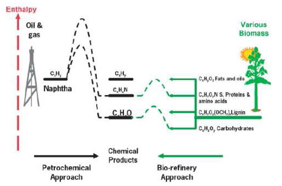 오일과 바이오매스로부터 화학제품 생산 시의 에너지 변화 비교