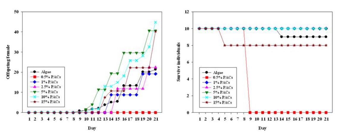 농도별 PACs을 첨가하였을 때 D. magna의 survivality와 reproduction