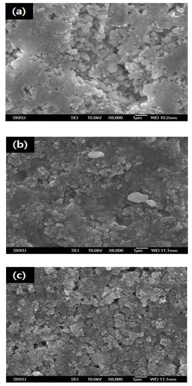 100kGy의 방사선의 의해 가교된 IPS의 SEM 이미지 (a) 400nm Al2O3/PVdF-HFP(9/1 by weight) (b)400nm/50nm Al2O3(1/1 by weight)/PVdF-HFP(9/1 by weight) (c)50nm Al2O3/PVdF-HFP(9/1 by weight)