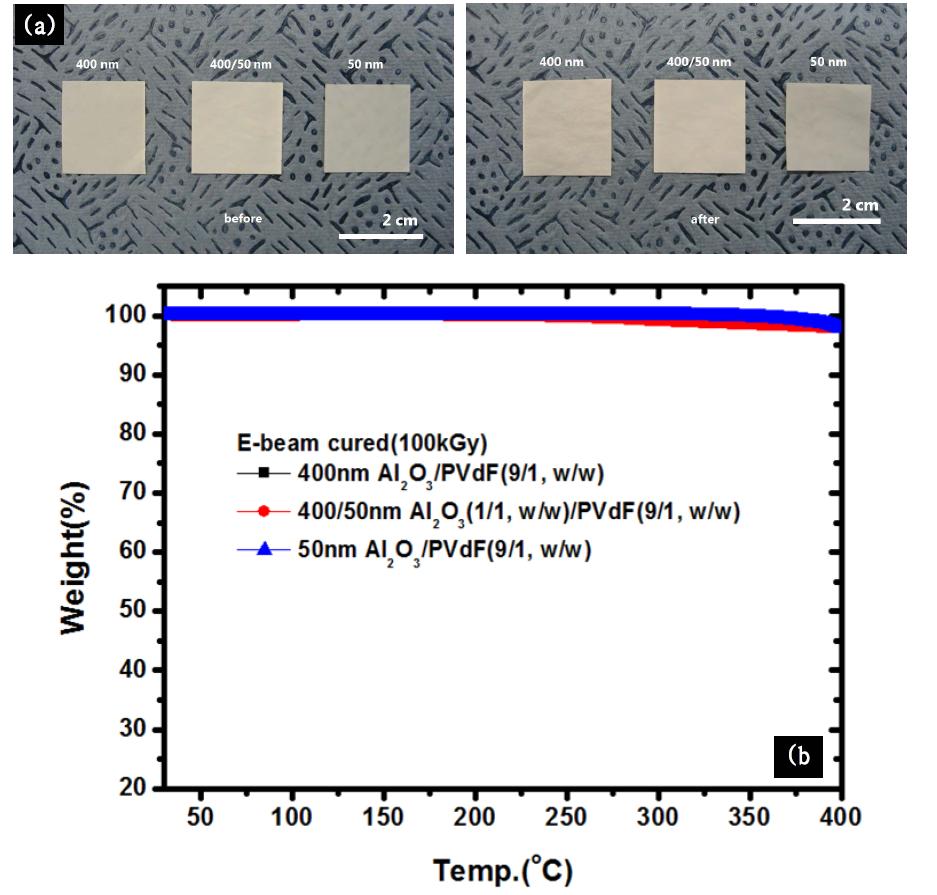 전자선 조사와 알루미나 입자 크기에 따른 IPS의 열적 안정성 (a) 200oC/30min동안 오븐에 넣어 둔 전/후 사진 (b) TGA curve