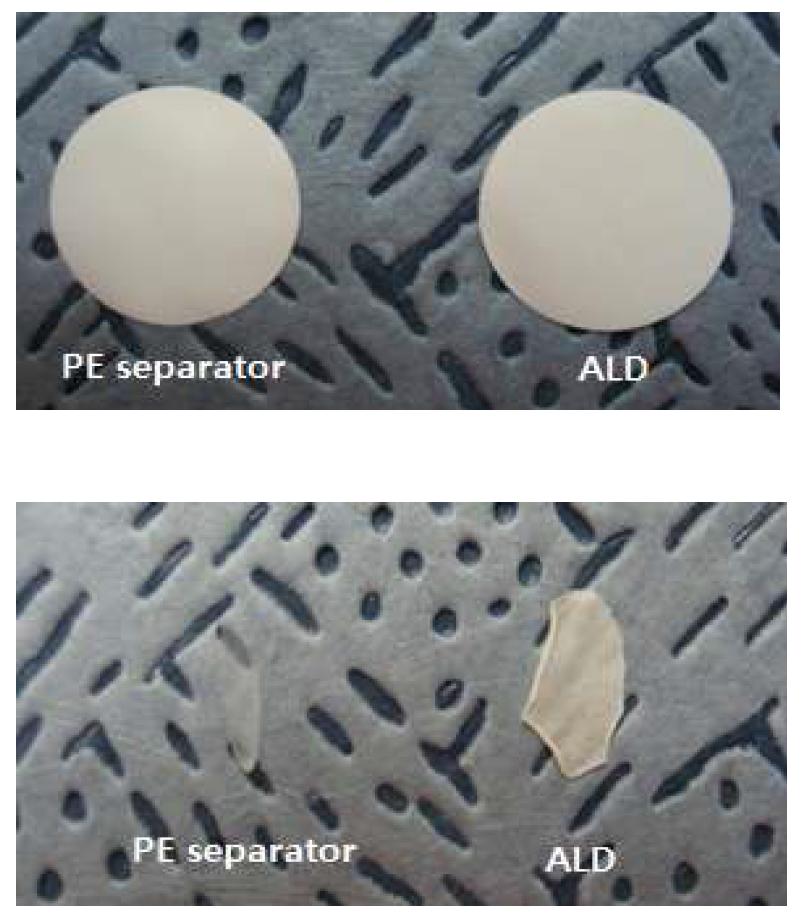 ALD로 Al2O3가 200nm 증착된 PE 분리막의 150oC/20min에서의 열 수축 거동 사진 (a)전(b)후