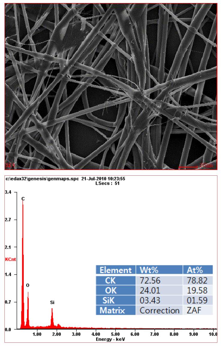 5회 SiO2가 증착된 부직포 분리막의 SEM 이미지 및 EDAX