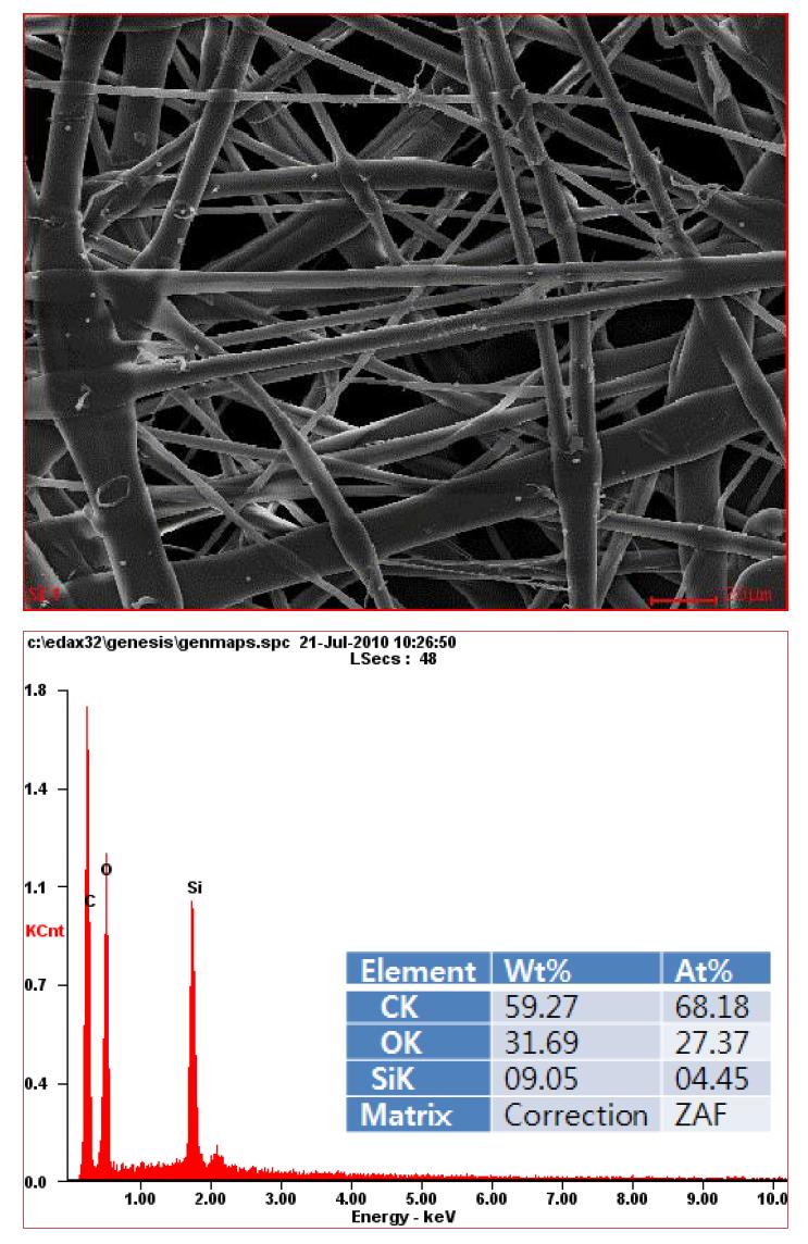 10회 SiO2가 증착된 부직포 분리막의 SEM 이미지 및 EDAX