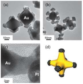 백금이 과성장 한 팔면체 금 나노입자(a)와 CN-을 통해 선택적으로 금을 침출시킨 입자(b),(c).