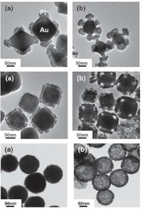 Various shape of platinum over grown gold nanocrystal (left) and other t ypes of platinum overgrown gold nanocry stals by selective etching of gold (right).